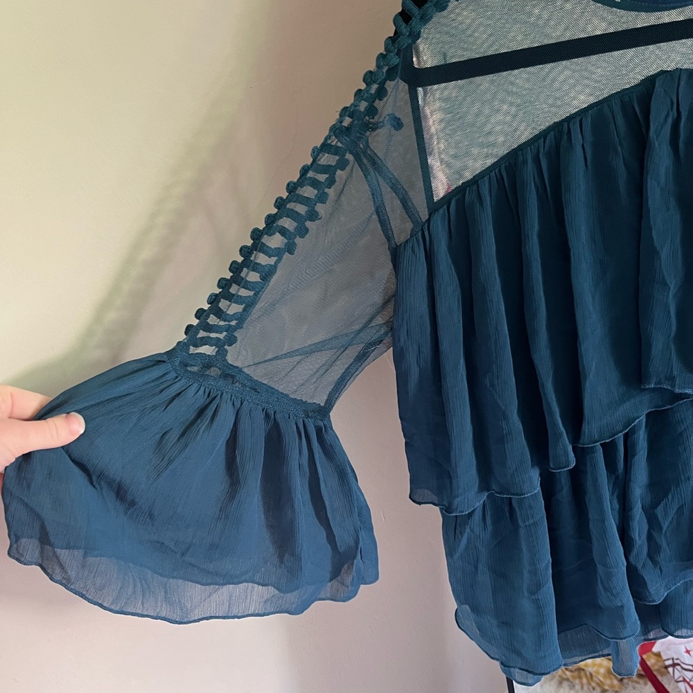 Ina Teal Ruffled Sheer Yoke Blouse - Picture 2 of 7